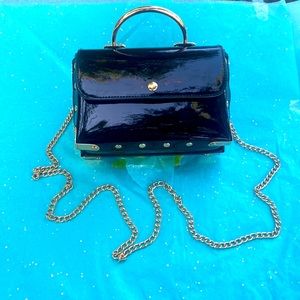 Black patented leather mini purse  with long chain strap and metal hand clutch